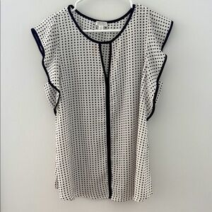 Spense Brand Capulet Black-Trimmed White Polka Dot Blouse Size L